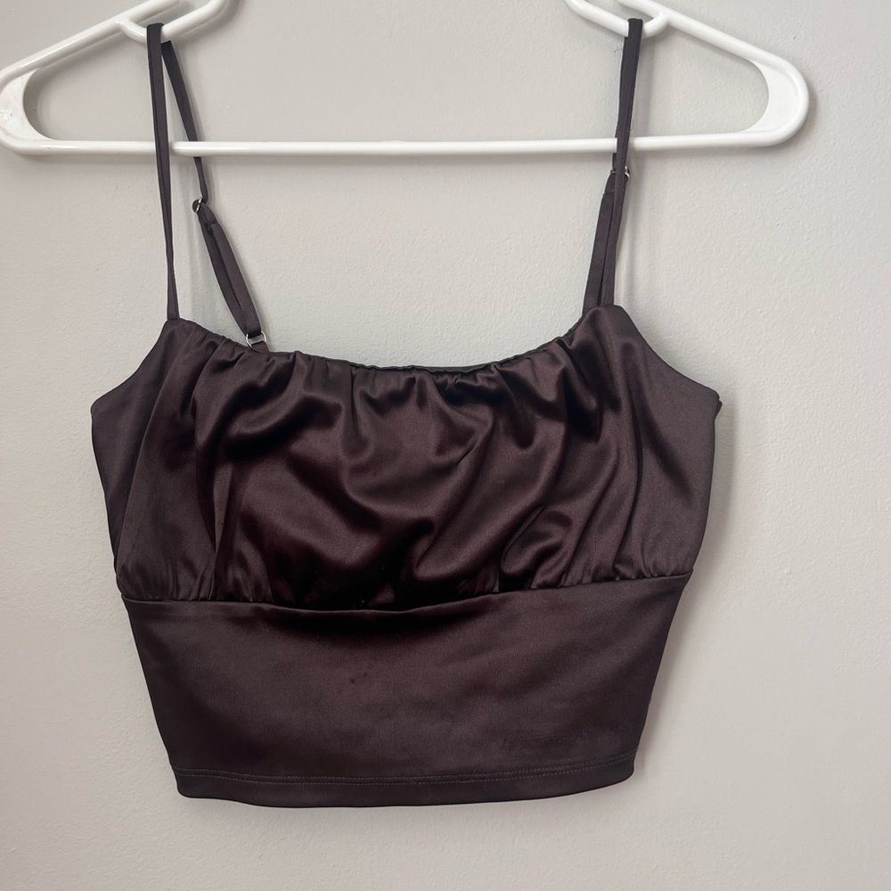 Brown silk cropped tank top.